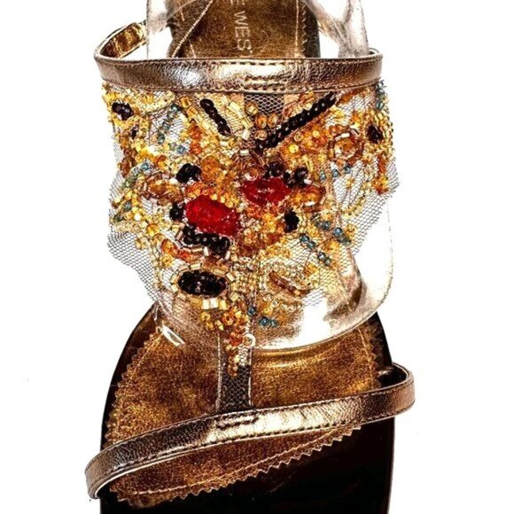 Nine West Bronze Women's Leather Mesh Beaded Sequin T-Strap Heels 9.5 4-inch hee - Picture 8 of 9